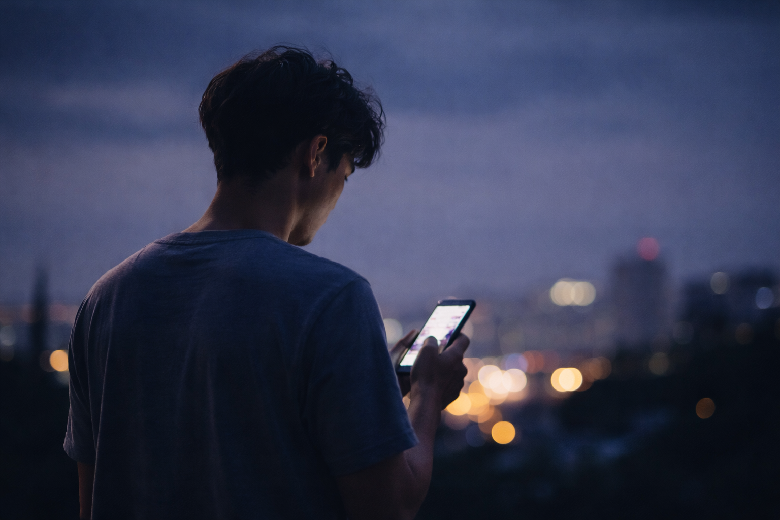 夜にスマホを見つめながら考え込む男性の後ろ姿
