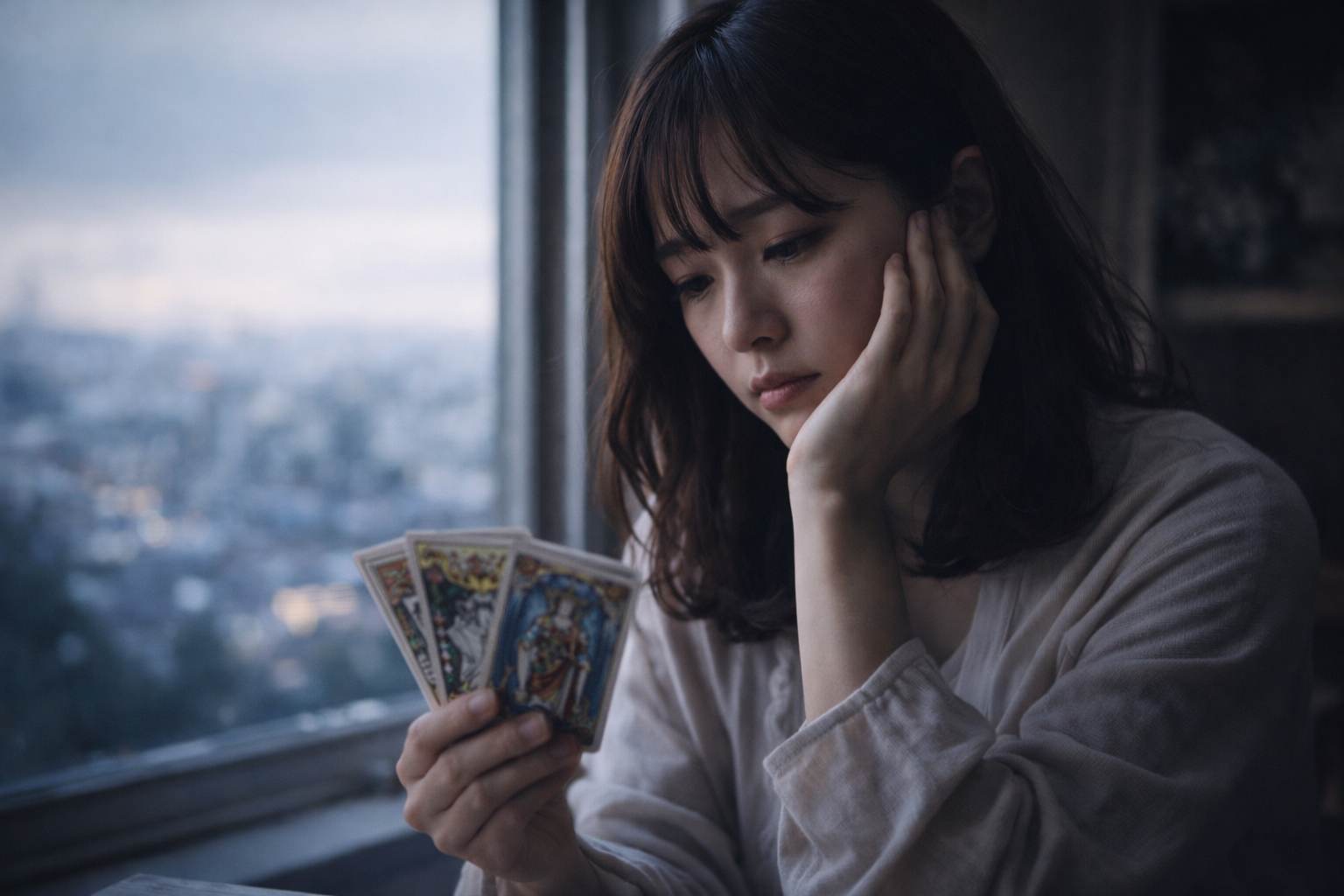 悩んだ表情でスマートフォンを見つめる20代〜30代の東アジア系女性のポートレート写