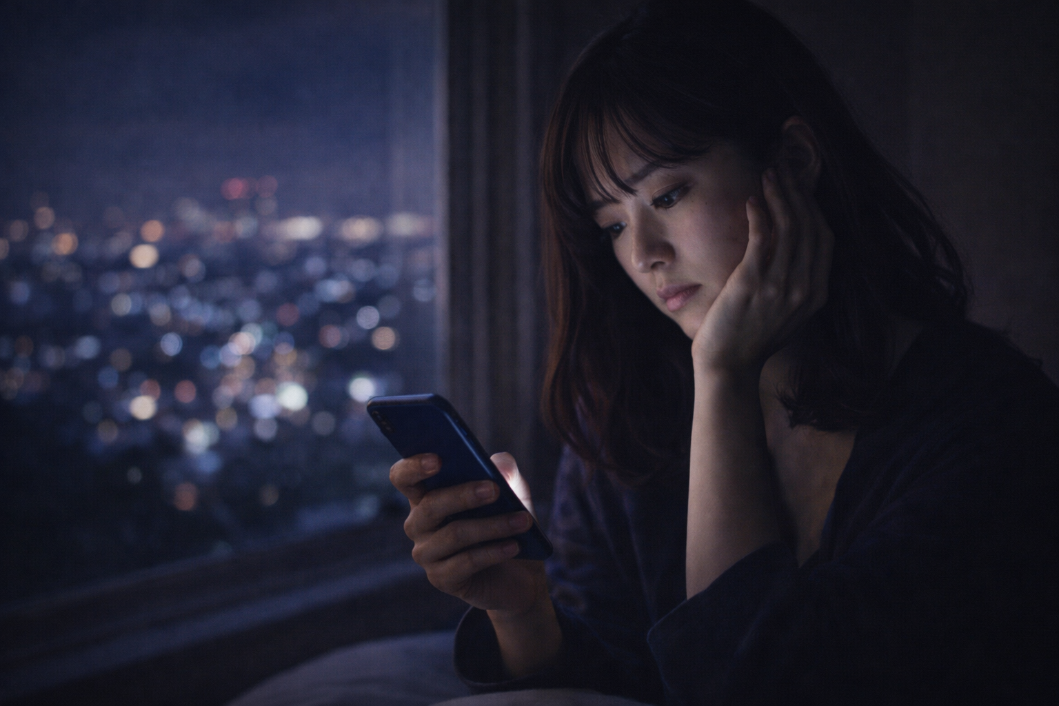 夜の室内でスマートフォンを見つめながら、連絡を待つ女性の切ない表情