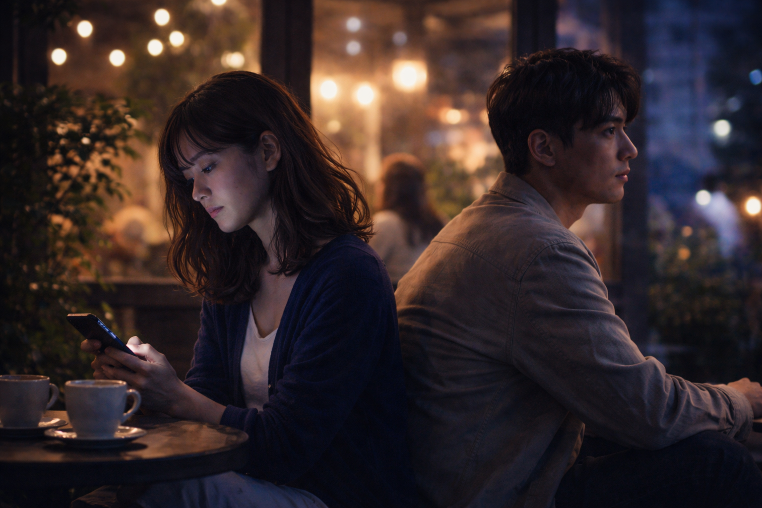 カフェで向かい合って座り、少し距離を感じながら会話をする若いカップルの様子