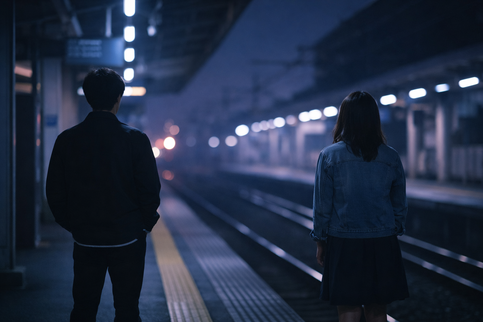 夜の駅ホームで少し距離を空けて並ぶ若い男女の後ろ姿