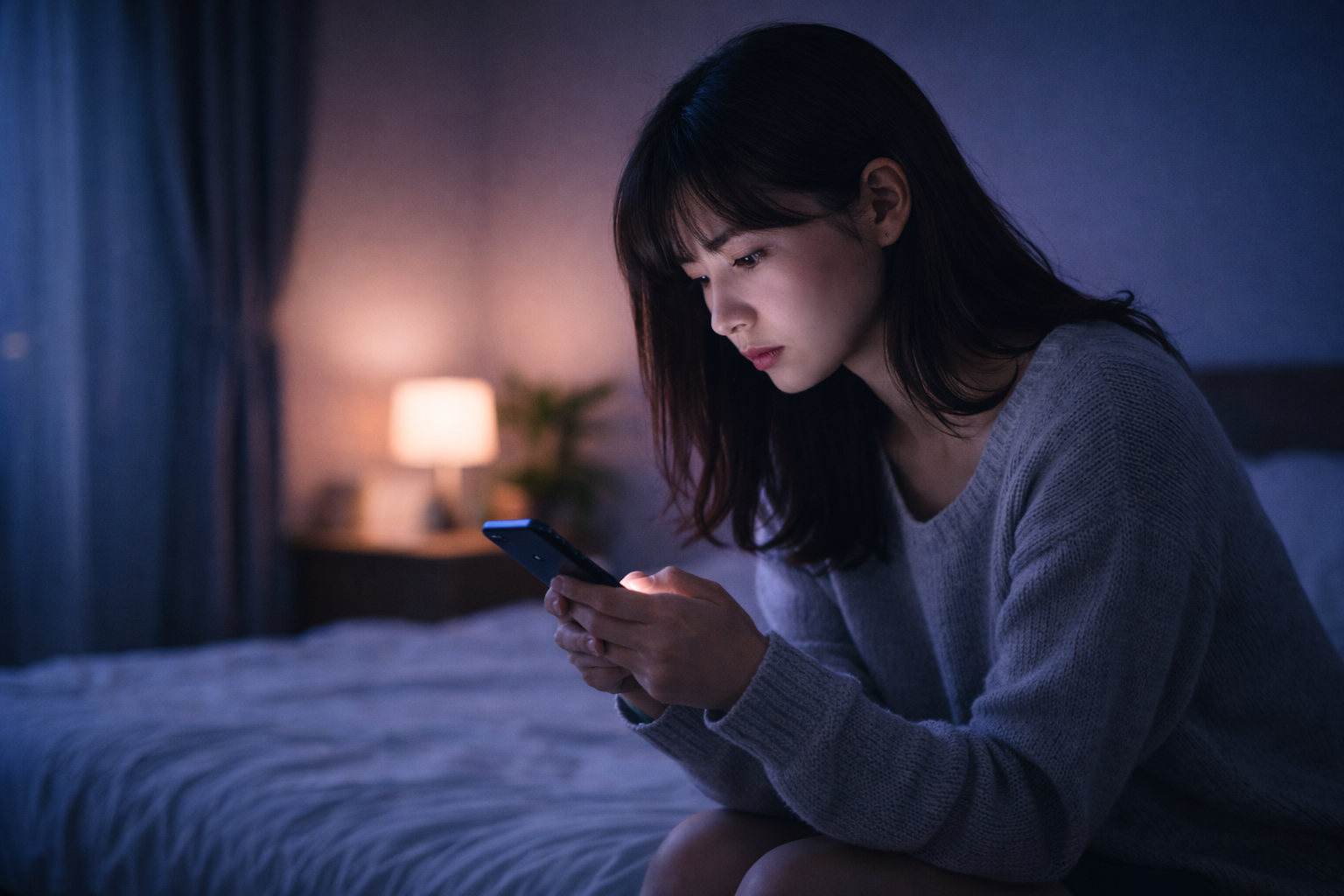 夜の部屋でスマートフォンを見つめながら考え込む女性の横顔
