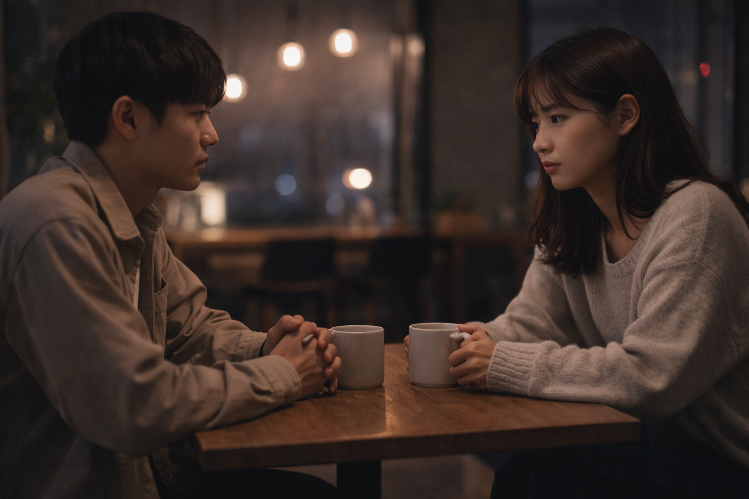 カフェで向かい合って座り、少し距離を感じながら会話をする日本人の若いカップルの様子