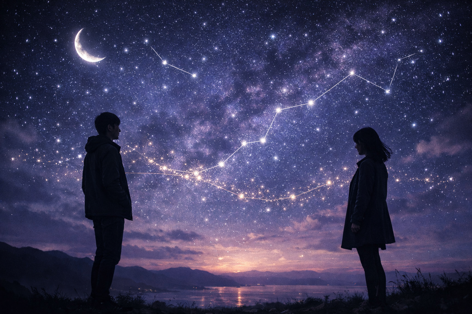 相性がいいのにすれ違う恋愛を象徴する夜空と男女のシルエット